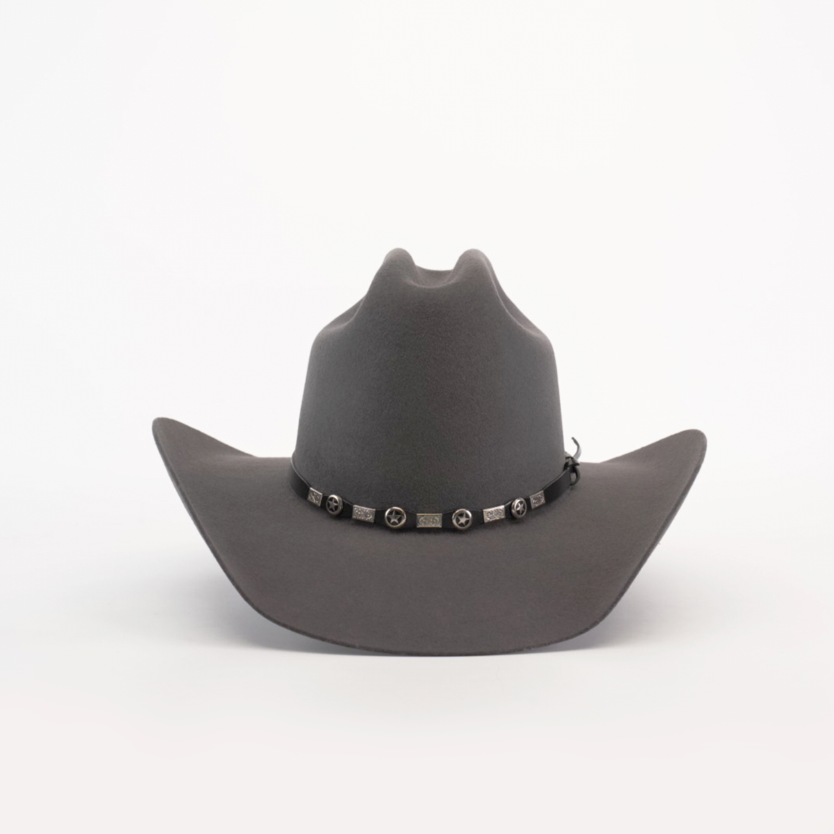 The 6X Leandro Oxford, a premium sheeps wool cowboy hat with a wide brim and decorative band adorned with metal conchos, is elegantly displayed against a plain white background.