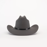 The 6X Leandro Oxford is a premium sheeps wool cowboy hat in elegant gray, featuring a curved brim and sleek black band around the crown, beautifully set against a plain white background.