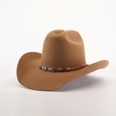 The 6X Leandro Fawn is a premium sheeps wool cowboy hat featuring a wide brim and a decorative leather band with metallic accents, set against a plain white background.