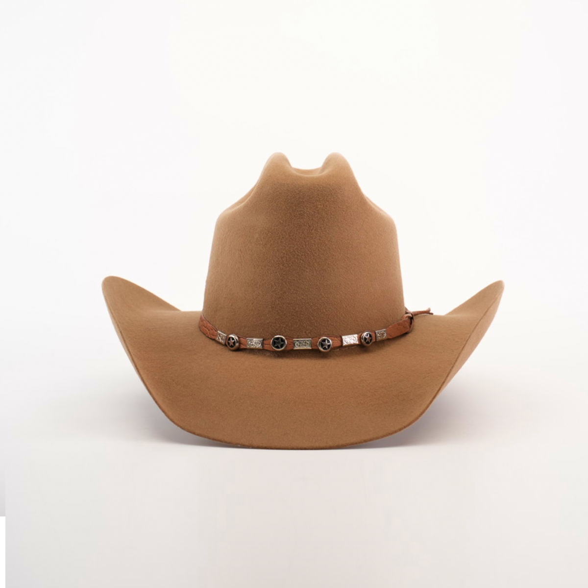 The 6X Leandro Fawn is a premium sheeps wool cowboy hat in light brown, featuring a wide brim and a decorative band with small metallic embellishments, elegantly displayed against a plain white background.