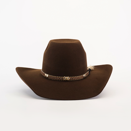 The 6X Brazil Brown is a premium wide-brimmed cowboy hat made from top-quality brown felt, featuring a decorative band with a braided design and small gold accents, displayed on a plain white background.