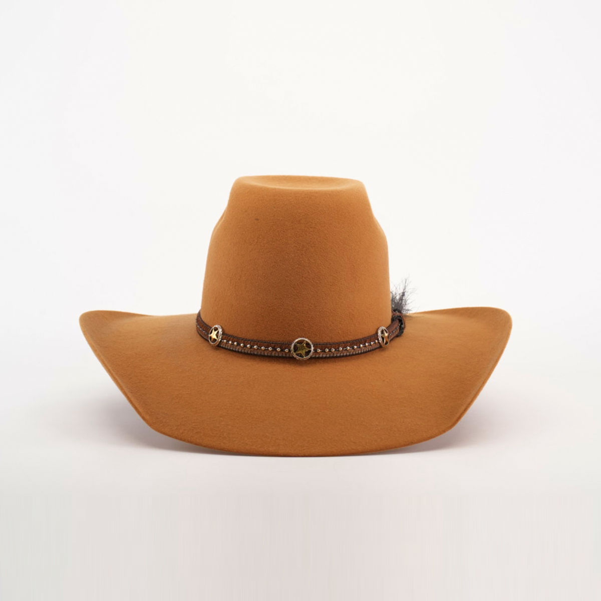 The 6X Brazil Fawn is a brown wide-brimmed cowboy hat crafted from genuine sheep wool, featuring a premium leather band with metal accents and a small feather on one side, displayed against a plain white background.