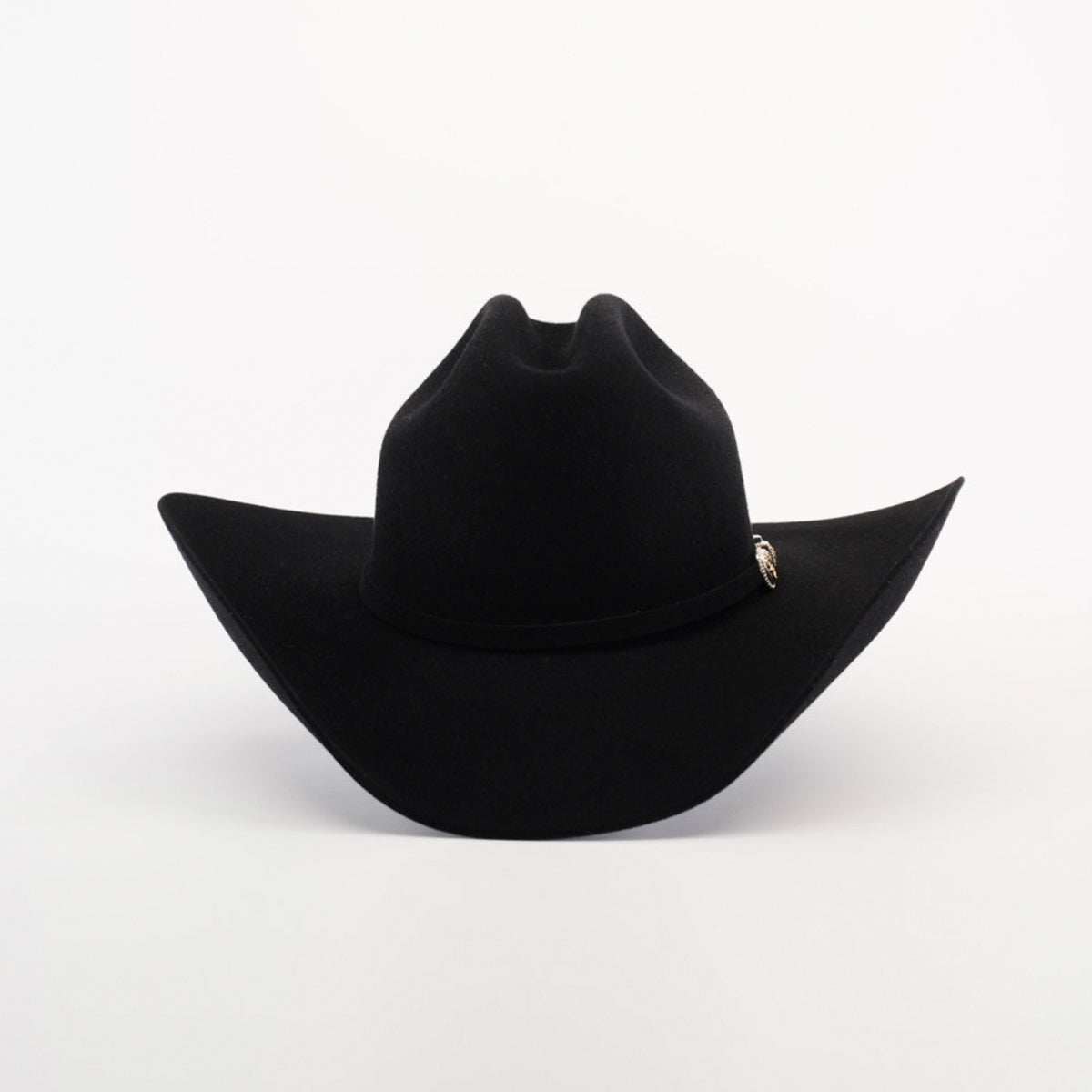 The 100X Tony Lama Black is a premium beaver fur cowboy hat with a wide brim and a decorative silver emblem on the band, epitomizing authentic Western elegance against a plain white background.