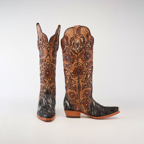 Handtooled Cowhide Pinto - Tall Shaft - Snip Toe