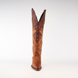 The Miriam Brick - Tall Shaft - Snip Toe boot is showcased upright on a white background, featuring intricate floral embroidery with red and brown accents. Its crafted from premium brown leather with a pointed toe, making it an elegant addition to any womens boot collection.