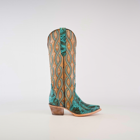 The Premier Turquoise Handtooled Flowers boot features a tall shaft and snip toe with a green and tan pattern, swirling designs, turquoise hand-tooled flowers, and decorative studs on premium-quality leather.