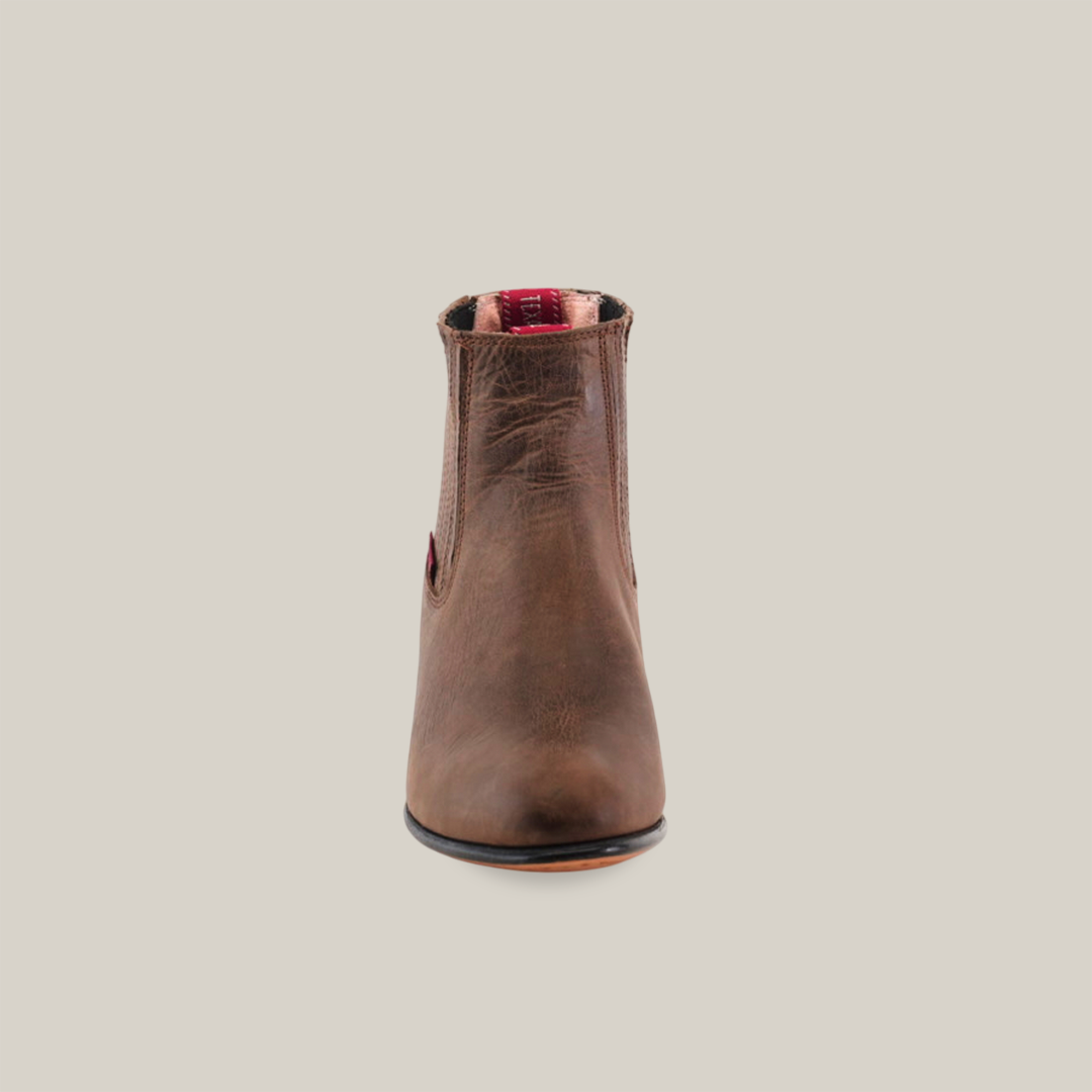 A single Alamo Brown - Round Toe boot is showcased against a plain white backdrop, emphasizing its smooth premium leather and exquisite stitching in a front view.