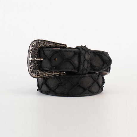 The Exotic Full Quilt Pirarucu Fish - Texas Buckle in matte black, crafted from genuine scales with a textured pattern and ornate engraved silver buckle, is displayed coiled neatly on a plain white background.