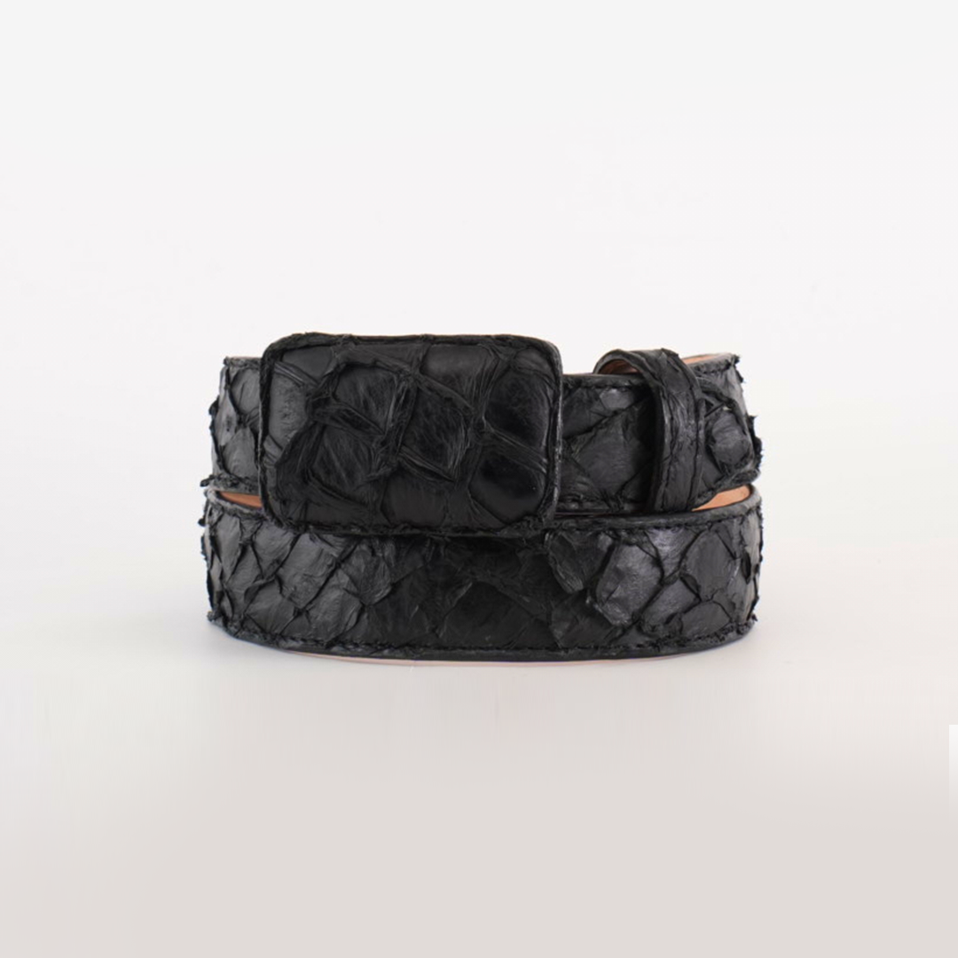 Exotic Full Quilt Pirarucu Fish - Matte Black Belt, with a textured finish and rectangular buckle, displayed against a plain white background.