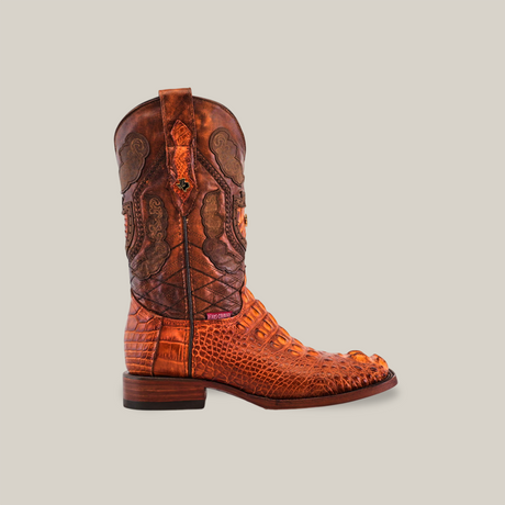 The Exotic American Alligator Head - Cogñac - Square Toe is a handcrafted cowboy boot in embossed orange and brown alligator leather with a textured reptilian pattern and decorative swirls. It features a low heel, pull tab, and is showcased against a plain light beige background.