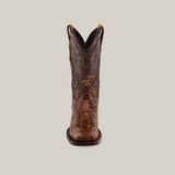 Front view of the Exotic Python - Brown - Rodeo Toe boot, featuring a pointed toe and intricate stitching, crafted from python leather against a plain background.