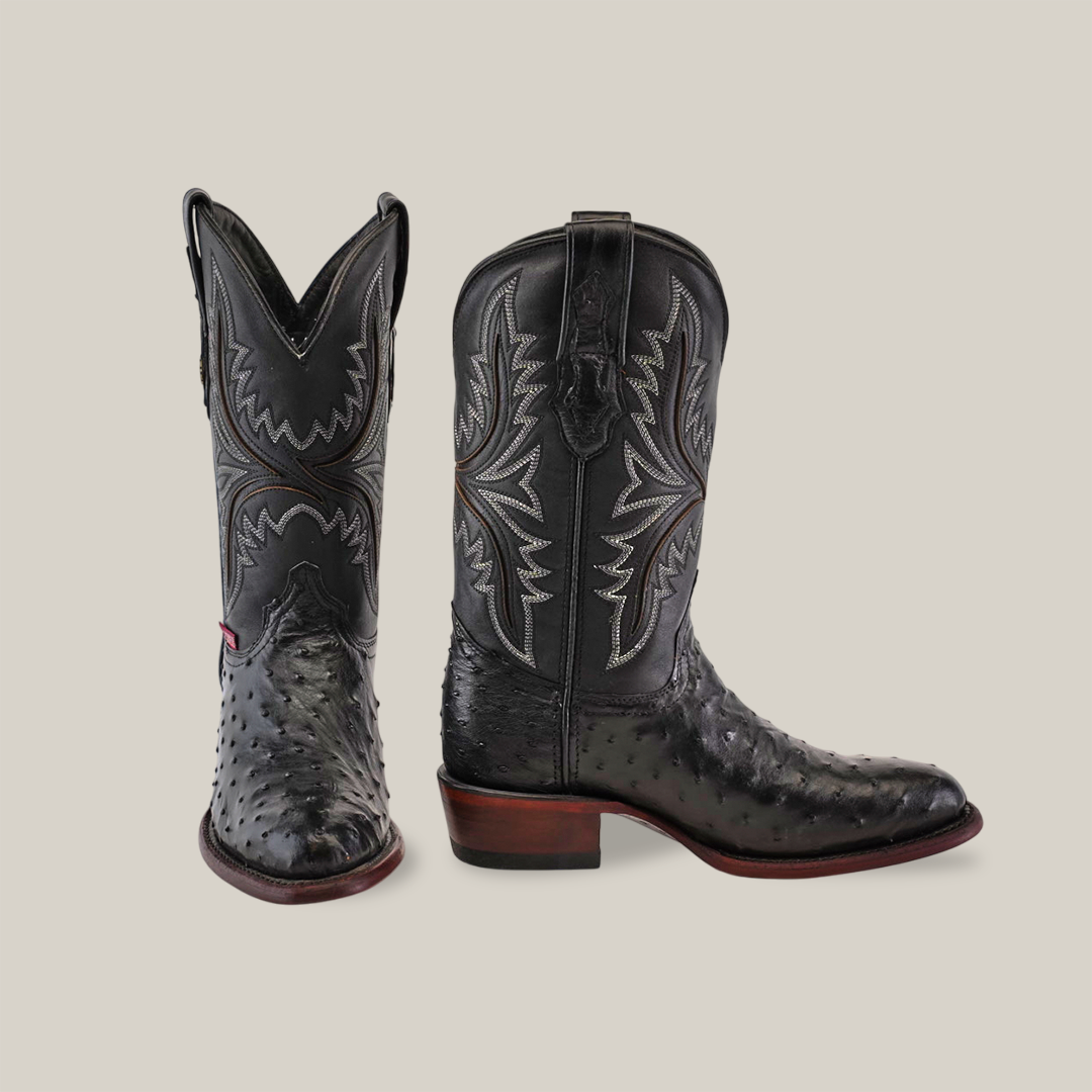 Exotic Full Quilt Ostrich boots in black, featuring intricate quilt patterns with a round toe and a medium brown heel and sole. One boot faces forward while the other is shown from the side.