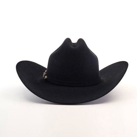 The 5X Dorado Black is a Western cowboy hat crafted from wild rabbit and beaver fur felt, featuring a wide brim and decorative band. Displayed against a plain white backdrop, it’s manufactured by Milano Hat Co. and exudes classic charm.