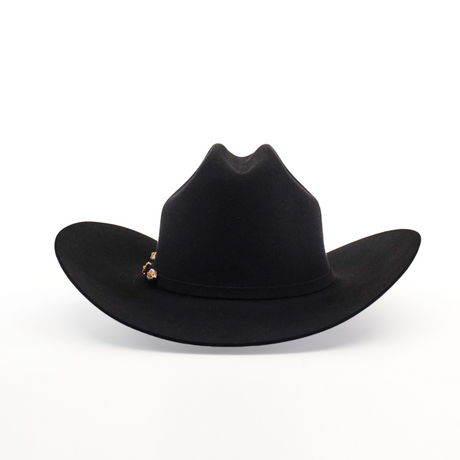 The 1000X Imperial Black hat showcases a wide brim and high creased crown, adorned with a subtle decorative band, embodying the quintessential Western style against a plain white background.