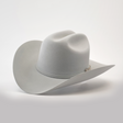 A light gray cowboy hat from the El Presidente collection, featuring a wide brim and slightly creased crown with a thin ribbon band. This 100X Independencia Platinum headwear rests on a neutral surface under subtle lighting.