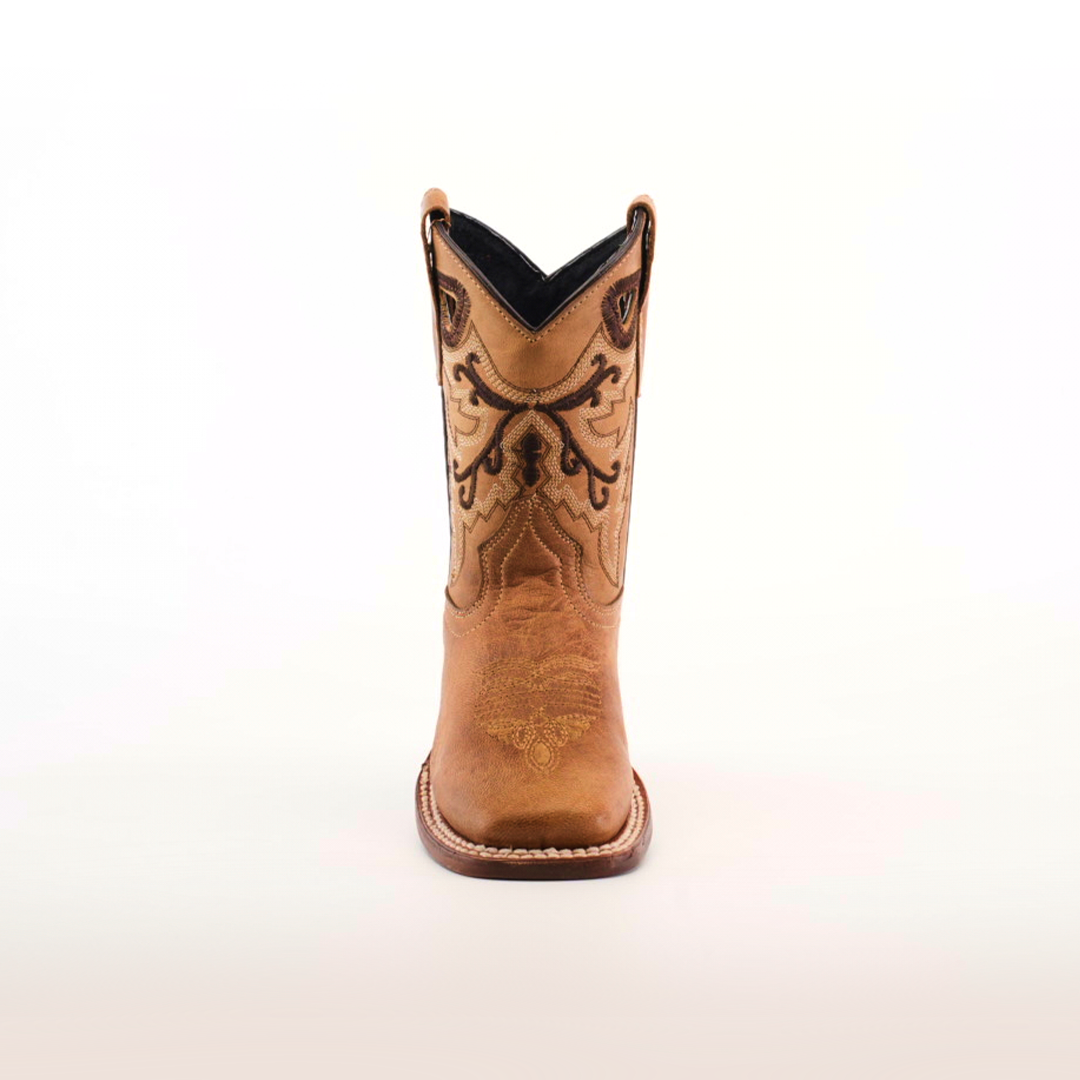 The Matcat Fawn - Square Toe is a premium leather tan cowboy boot with intricate dark brown embroidery on the shaft, decorative stitching, and a square toe, showcased front-facing against a plain white background.