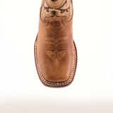 A close-up of the Matcat Fawn - Square Toe boot, featuring premium leather with intricate toe embroidery and decorative edge stitching, set against a white background.