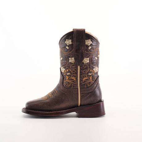 A Dariela Chocolate - Square Toe cowboy boot made from premium leather, featuring intricate golden embroidery and floral designs on the upper part, is displayed against a plain white background.