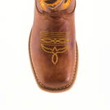 Top view of a brown leather Sunflowers Tabaco - Square Toe boot featuring intricate yellow embroidery on the toe, highlighting superior craftsmanship. Made from premium leather and set against a plain white background.