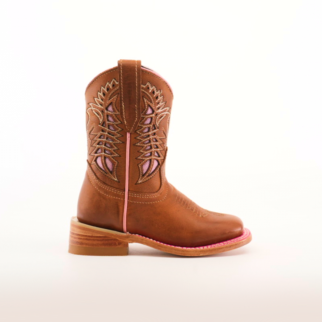 Side view of the Dube Tan Pink Outline - Square Toe boots, made from premium handcrafted leather with detailed purple embroidery. The low heel and angled shaft showcase expert craftsmanship against a white background.