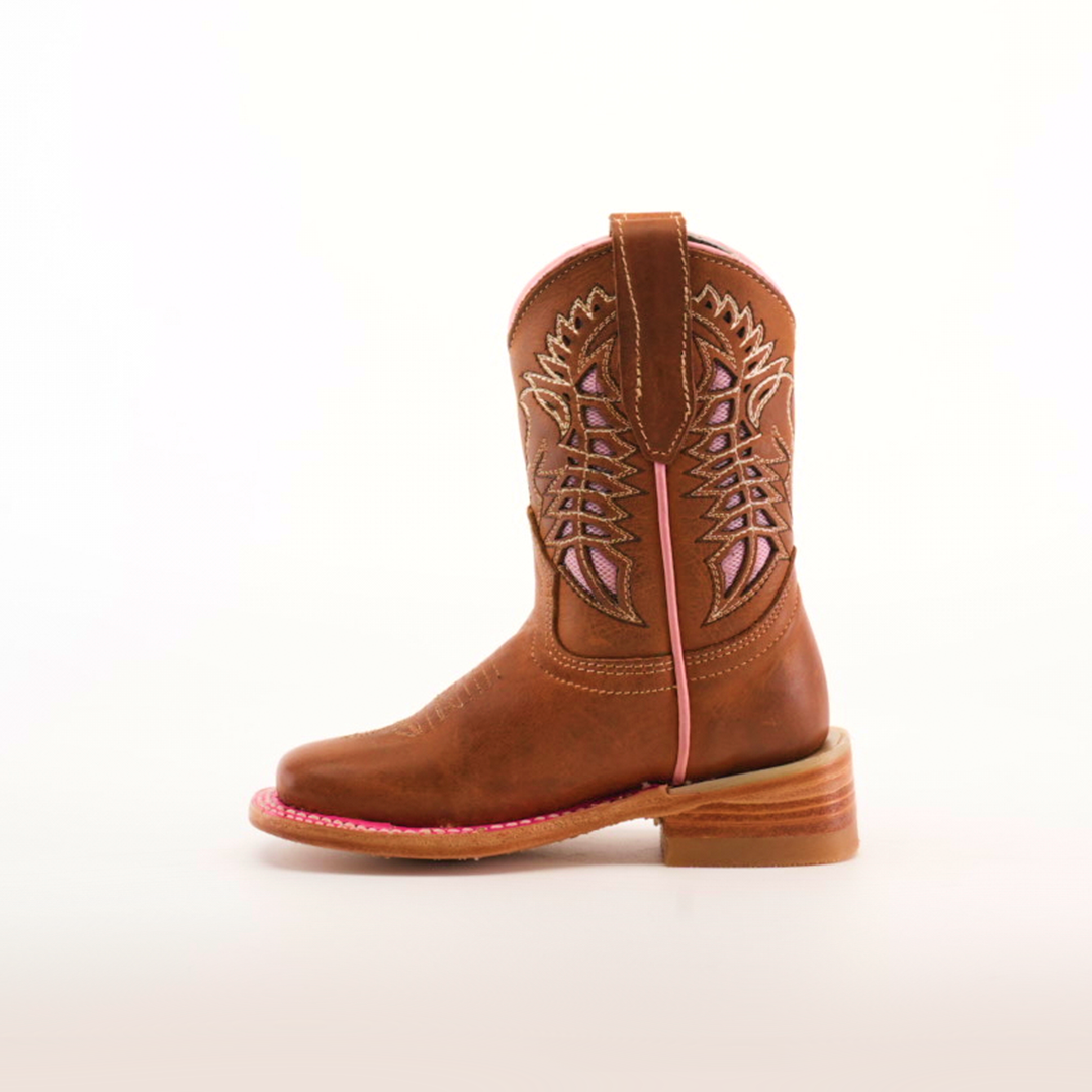 The Dube Tan Pink Outline - Square Toe cowboy boot is crafted from premium leather with intricate pink stitching, a pull strap, and a wooden heel. Displayed on a plain light background, it highlights detailed embroidery and its handcrafted design.