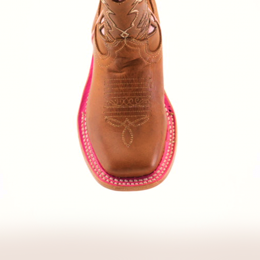 The Dube Tan Pink Outline - Square Toe boot features expert craftsmanship with a brown premium leather upper and intricate stitching. Its pink sole adds a vibrant touch against a neutral backdrop to this traditional design.