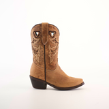 The Matcat Fawn - Snip Toe cowboy boot, crafted from tan leather with intricate embroidery, is showcased against a plain white background. It features a pointed toe and a moderately high heel.