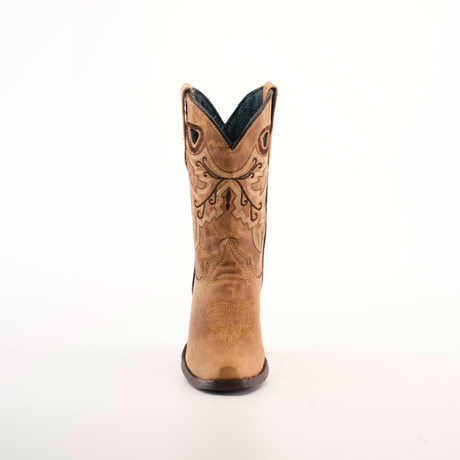 Front view of the Matcat Fawn - Snip Toe cowboy boot, handcrafted from premium tan leather, showcasing intricate embroidery on the shaft. Set against a white background, it features a dark heel and toe with a slightly pointed snip toe shape.