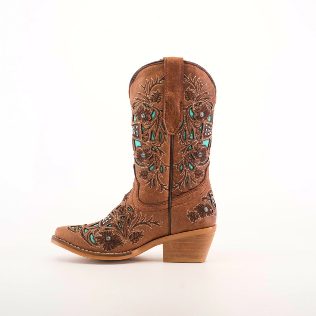 The Alamo Studs Honey -+ Snip Toe is a brown cowboy boot made from fine cowhide leather, featuring intricate embroidery and turquoise accents. It has a medium wooden heel and slightly pointed toe, all set against a plain white background.