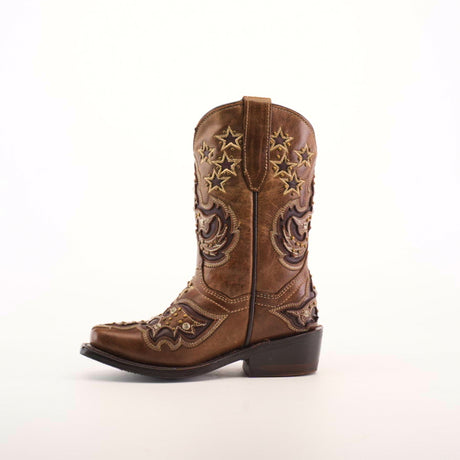 The Chantal Crystals Camel - Snip Toe is a single brown cowboy boot crafted from premium cowhide leather, featuring intricate star and swirl embroidery, complemented by a low black heel. This expertly crafted piece stands against a plain white background.