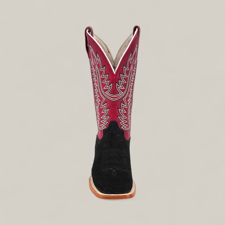 The Colt - Black - Square Toe is a mens boot featuring a black suede foot, brown sole, and tall maroon shaft with white stitching, shown facing forward against a plain light background.