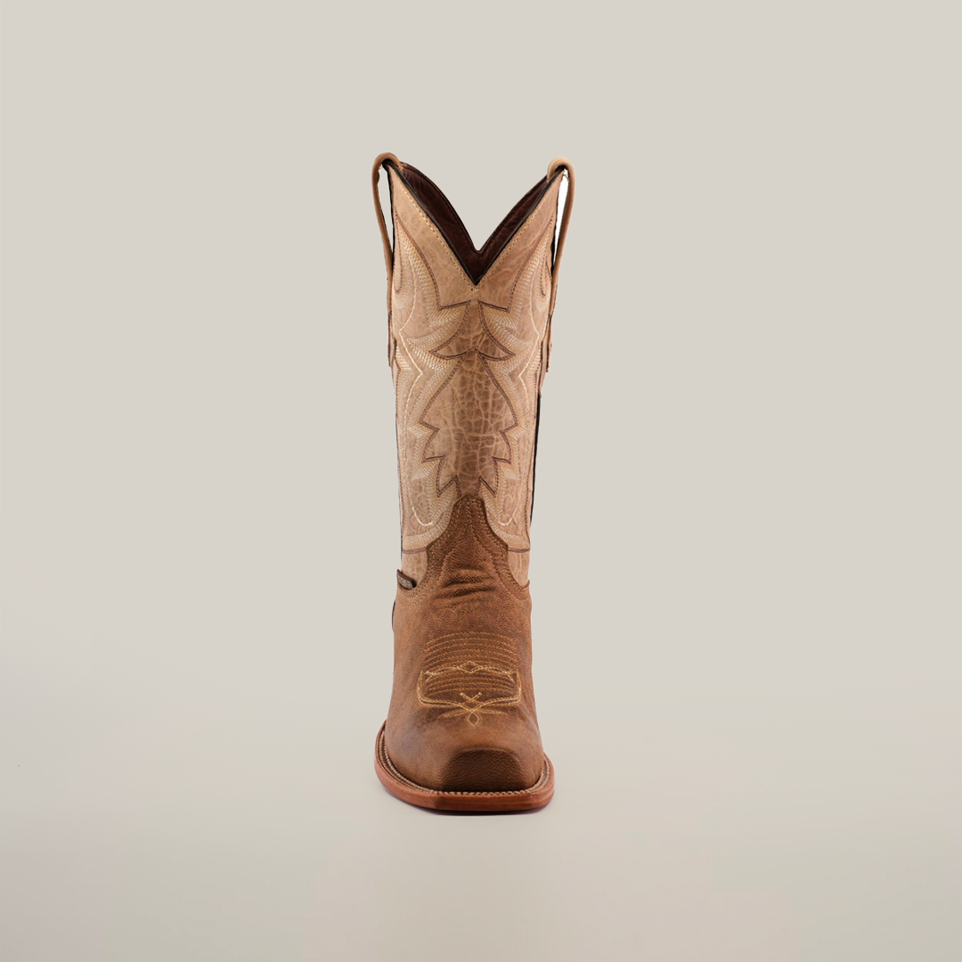 A single Sierra Fawn - Wide Cutter Toe boot in premium cowhide leather is centered on a white background, showcasing its cowboy-style design with detailed symmetric stitching and pull straps on both sides.