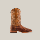 The Morelet Crocodile Print Orix - Square Toe cowboy boot is showcased, featuring a premium cowhide design with a dark brown crocodile print foot and heel, intricate swirling embroidery on the shaft, and a wooden heel—all set against a plain white background.