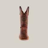 The Fresno Shedron Star - Square Toe is a single brown cowboy boot made from premium cowhide, featuring intricate stitch patterns and a distinctive design on the side, displayed against a plain white background.