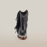 Front view of the Dallas Fringe Bootie Black - J Toe in premium leather, highlighting decorative stitching and side fringe. The top has stud details with a zipper, while a wooden sole complements intricate floral patterns, epitomizing luxury craftsmanship.