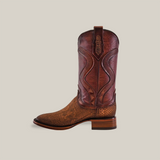 The Exotic Python - Diamond - Tamarindo Square Toe cowboy boot with a brown leather upper and intricate stitching stands on a plain white background, featuring a textured pattern on the toe and a medium-height wooden heel, exuding classic Western charm.