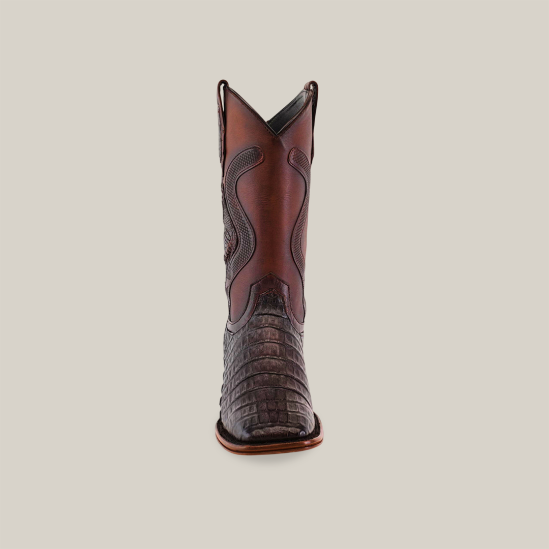 A front view of a single brown cowboy boot from the Platinum Collection, featuring an exotic Caiman belly texture on the lower part and decorative stitching on the upper shaft. The boot stands against a plain beige background, exemplifying Western fashions timeless allure. Product: Exotic Caiman Belly Tail - Diamond - Tabaco - Square Toe.