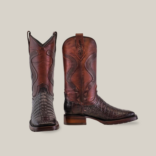 Exotic Caiman Belly Tail - Diamond - Tabaco - Double Sole Square Toe