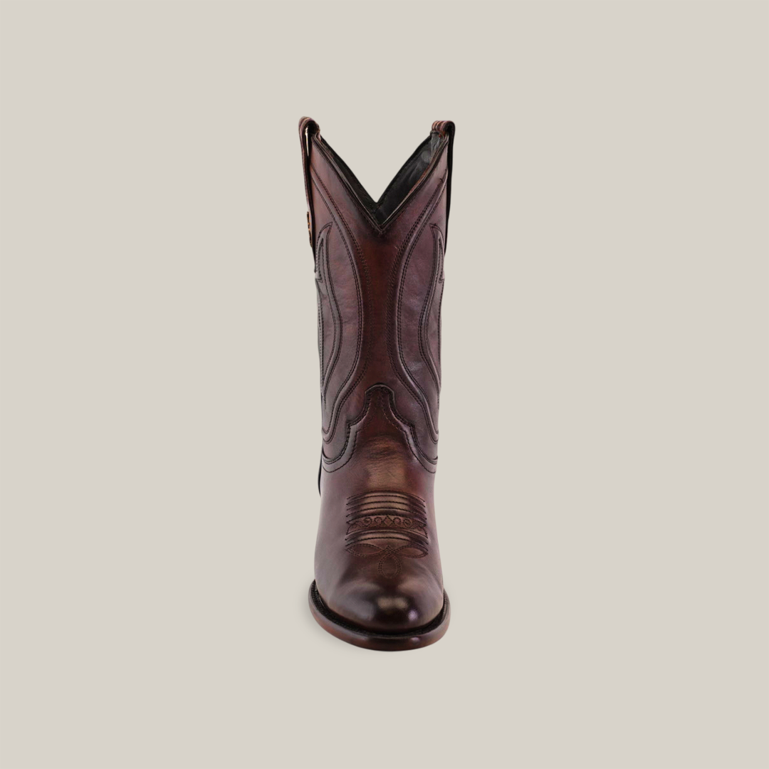 A single Western Platinum Brown cowboy boot with a roper toe, intricate stitching, and traditional western embroidery on the tall shaft is displayed on a plain white background.