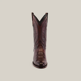 A single Western Platinum Brown cowboy boot with a roper toe, intricate stitching, and traditional western embroidery on the tall shaft is displayed on a plain white background.