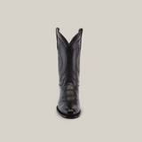 A single Western - Platinum - Black roper toe cowboy boot is centered against a white background. The intricate stitching and pull straps emphasize its traditional design.