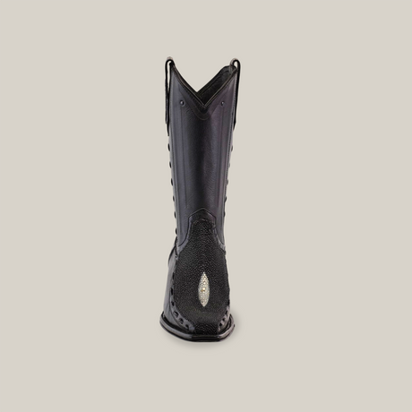 The Exotic Stingray - Platinum - Black Versy Toe boot is featured front-facing against a white backdrop. This cowboy fashion piece showcases decorative toe designs and top pull straps, all crafted from exquisite stingray leather.