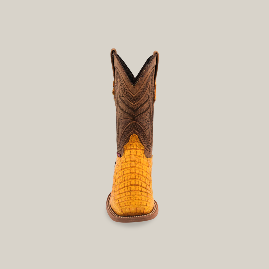 The Exotic Caiman Horn Back - Buttercup-Square Toe cowboy boot showcases a luxury design with an intricately patterned brown shaft and a bright yellow, textured Caiman leather foot, set against a beige backdrop.