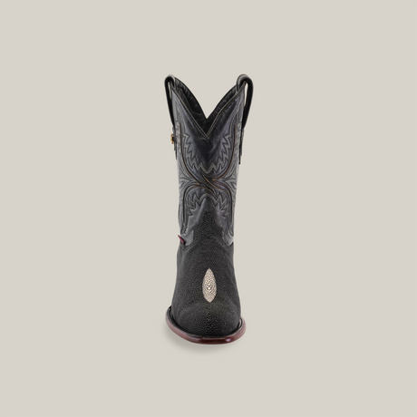 Front view of the Exotic Stingray - Black - Round Toe boot, crafted from stingray leather with intricate shaft stitching and a decorative toe pattern, set against a plain light background.