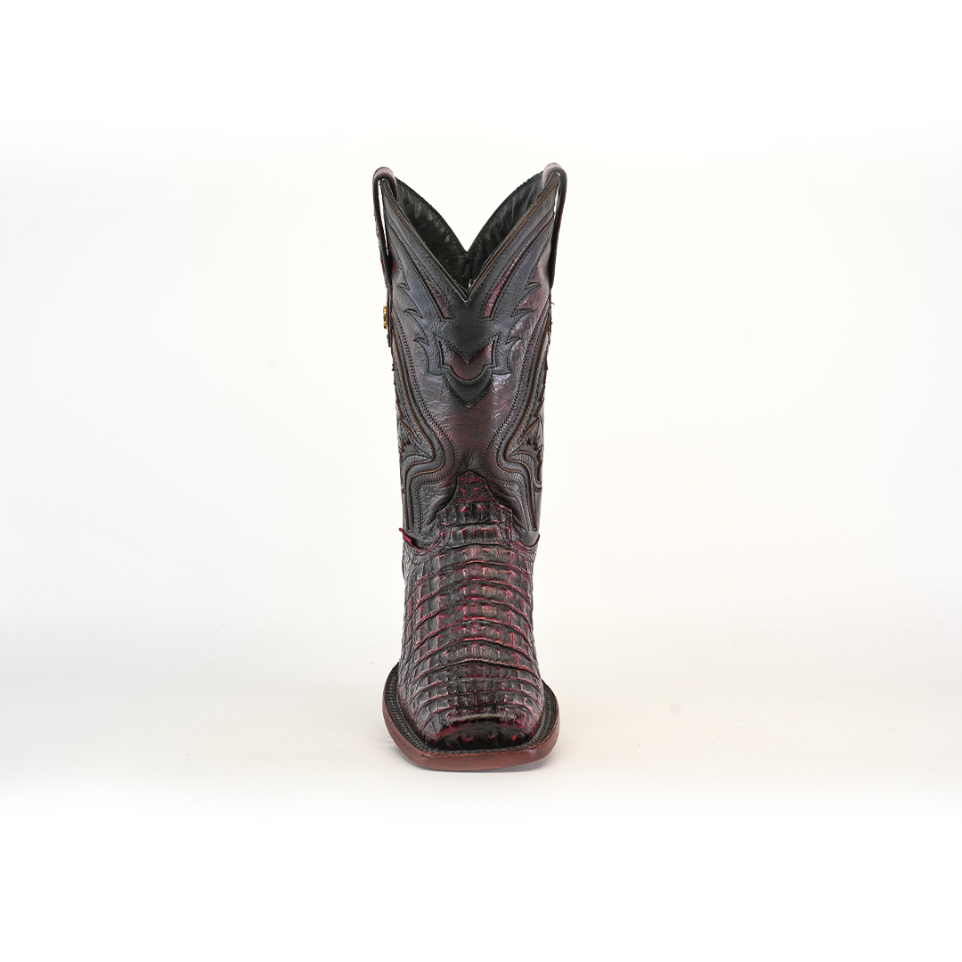 The front view of the Exotic Caiman Hornback boot in Black Cherry, showcasing its rodeo toe and intricate stitching against a plain white background, highlights craftsmanship meeting tradition.