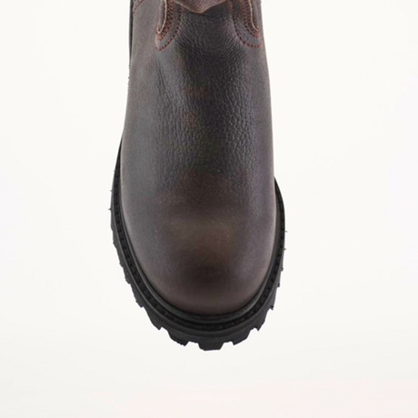 The Brown Roper - Tractor Sole - Soft Toe boot is made from premium cowhide leather, featuring a textured upper and a thick, robust sole with visible tread patterns. Photographed from above on a white background, its design details are beautifully highlighted.