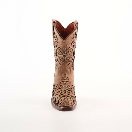 A tan cowboy boot with floral cut-out designs and decorative stitching, showcased on a white background, highlights the Vitralli Studs Fawn Snip Toe boots. These feature premium leather craftsmanship and a stylish slightly curved top edge.