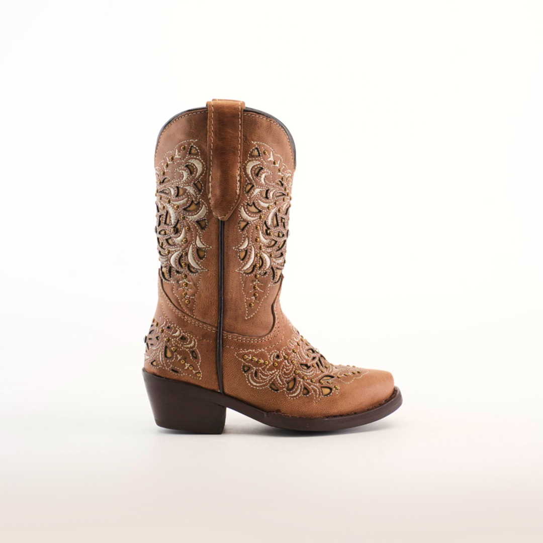 The Kiara Crystals Fawn - Snip Toe is a single brown cowboy boot crafted from premium leather, featuring intricate embroidery and decorative patterns on the shaft and foot. It has a low heel, snip toe, and pull tab at the top, gleaming subtly against the plain white background.