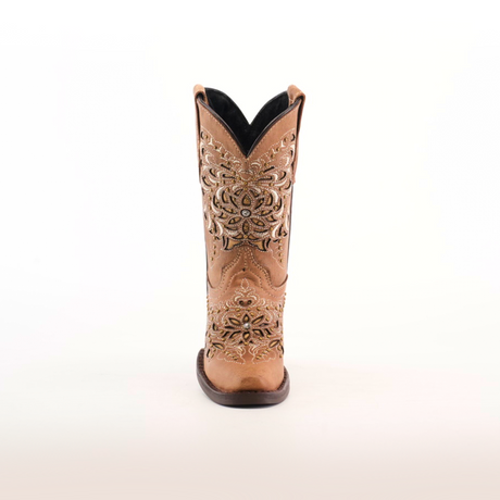 The Kiara Crystals Fawn Snip Toe boots highlight premium leather craftsmanship, intricate floral embroidery in gold and brown, and a stylish snip toe design with a tall shaft, all elegantly set against a plain white background.