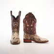 The Exotic Python Patchwork Natural Square Toe cowboy boots feature premium python leather with intricate geometric patterns in brown and red on the shafts, offering a natural square toe design with one boot facing forward and the other turned sideways for unique style.